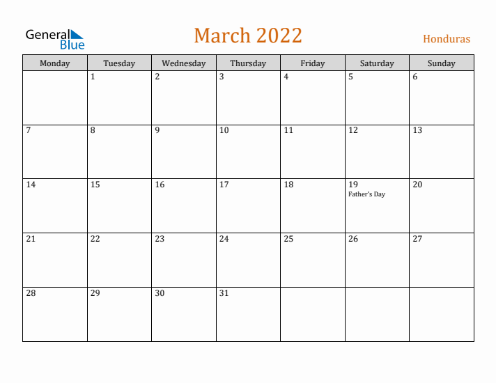 March 2022 Holiday Calendar with Monday Start