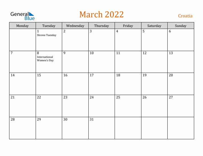 March 2022 Holiday Calendar with Monday Start