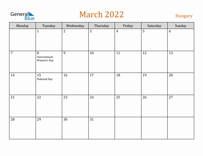 March 2022 Holiday Calendar with Monday Start