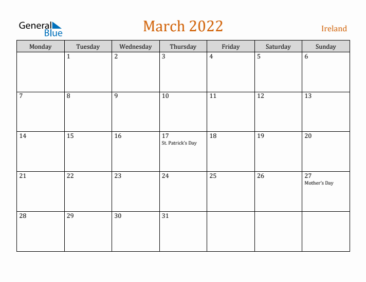 March 2022 Holiday Calendar with Monday Start