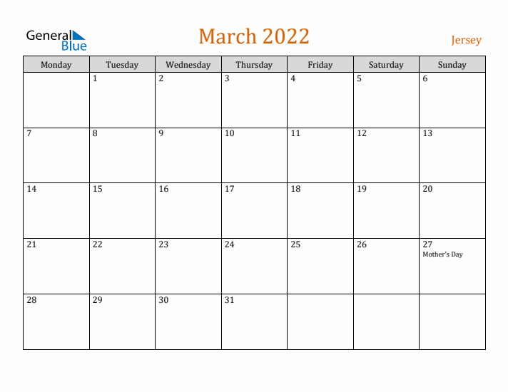 March 2022 Holiday Calendar with Monday Start