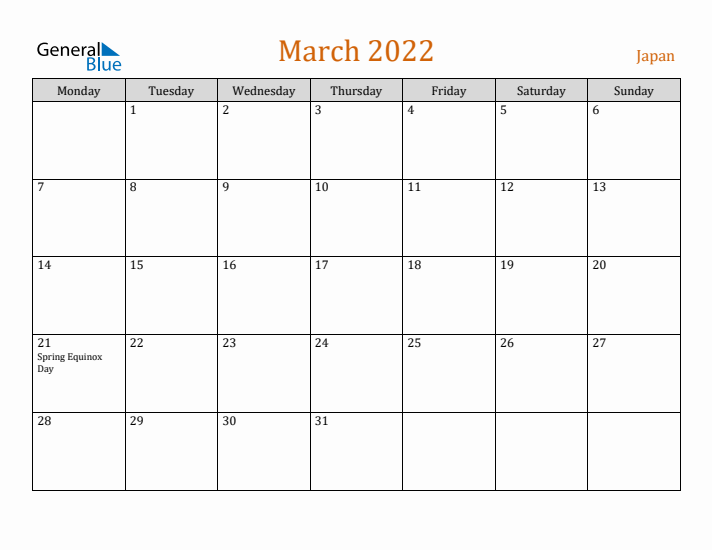 March 2022 Holiday Calendar with Monday Start