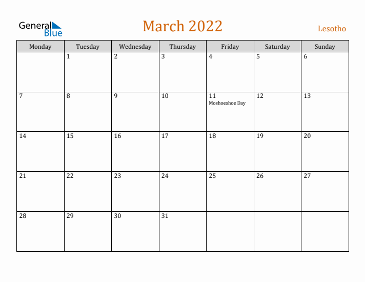 March 2022 Holiday Calendar with Monday Start