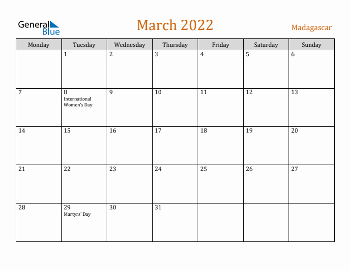 March 2022 Holiday Calendar with Monday Start