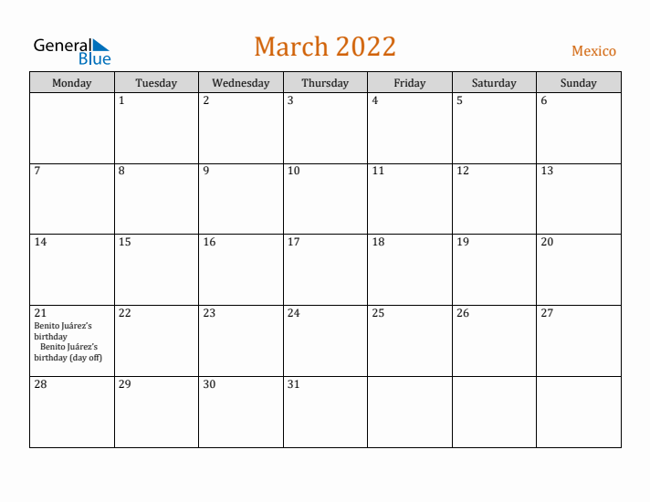 March 2022 Holiday Calendar with Monday Start