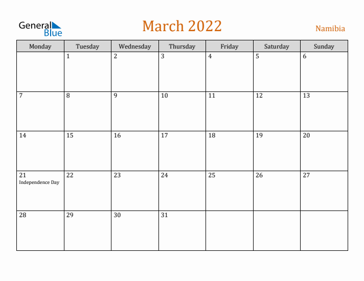 March 2022 Holiday Calendar with Monday Start