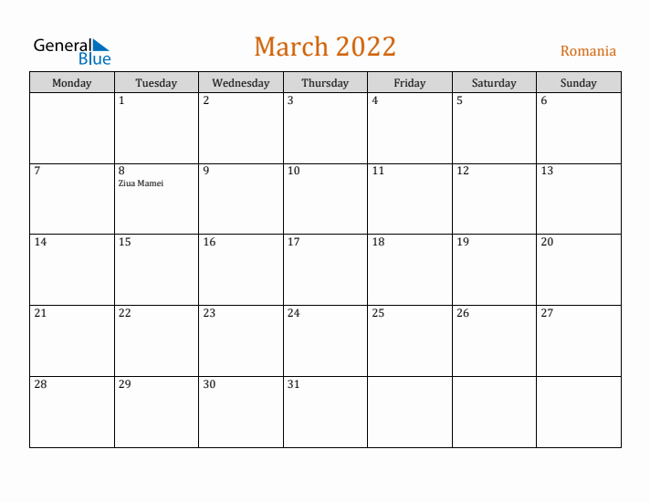 March 2022 Holiday Calendar with Monday Start