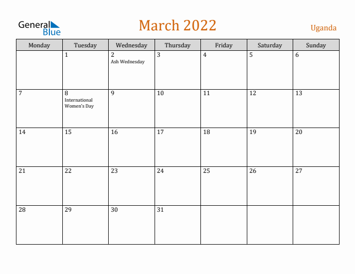 March 2022 Holiday Calendar with Monday Start