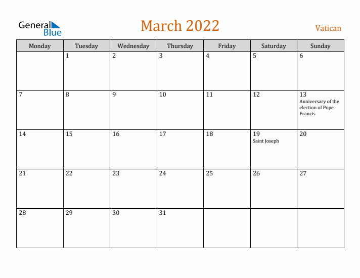 March 2022 Holiday Calendar with Monday Start