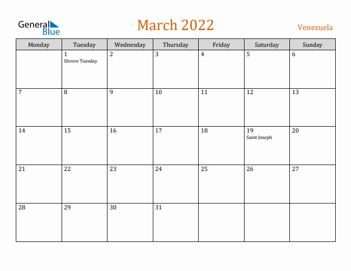 March 2022 Holiday Calendar with Monday Start