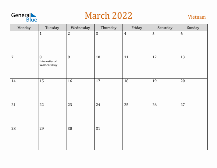 March 2022 Holiday Calendar with Monday Start