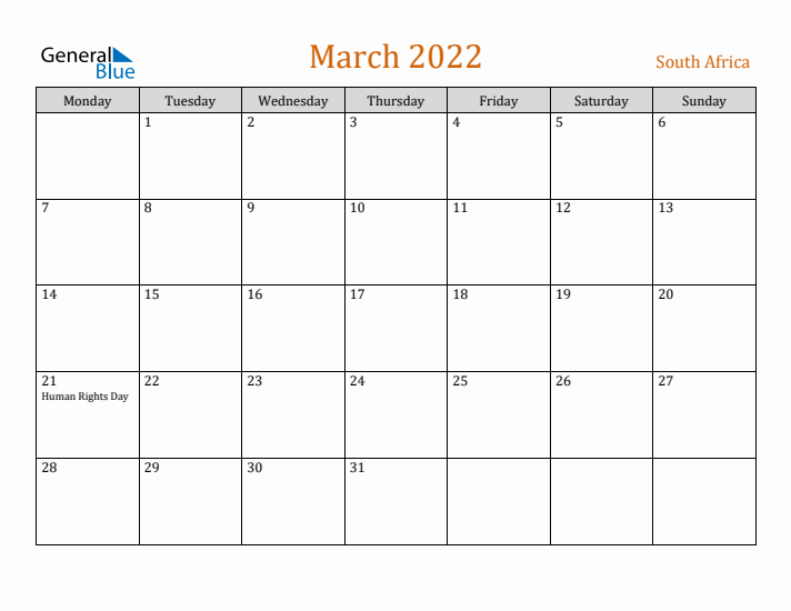 March 2022 Holiday Calendar with Monday Start