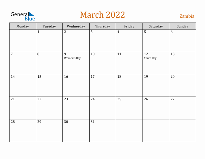 March 2022 Holiday Calendar with Monday Start