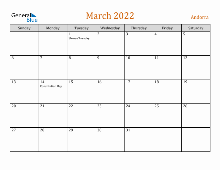 March 2022 Holiday Calendar with Sunday Start