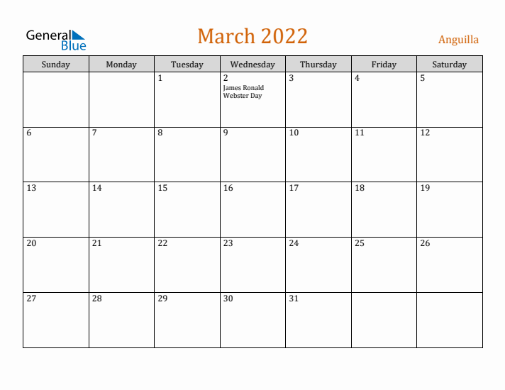 March 2022 Holiday Calendar with Sunday Start