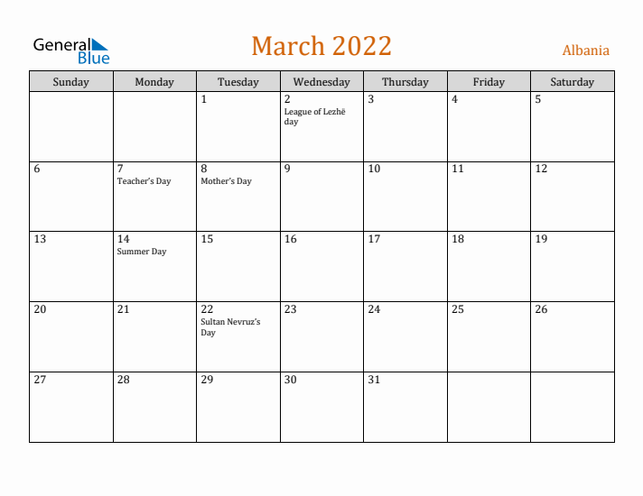 March 2022 Holiday Calendar with Sunday Start