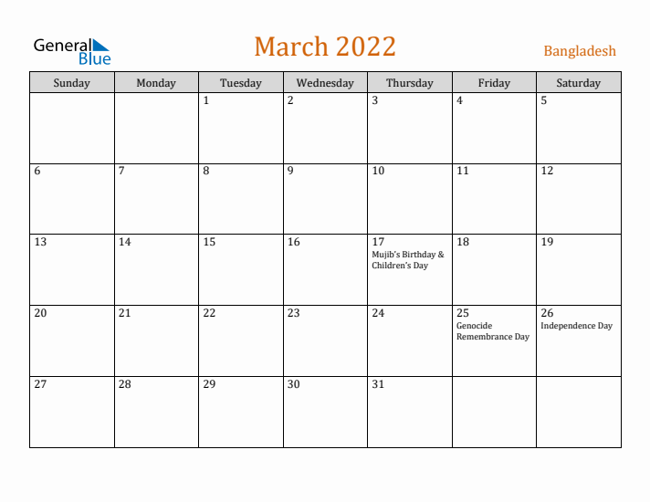 March 2022 Holiday Calendar with Sunday Start