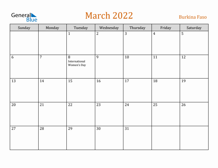 March 2022 Holiday Calendar with Sunday Start