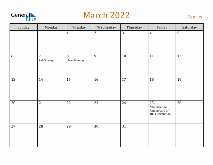 March 2022 Holiday Calendar with Sunday Start