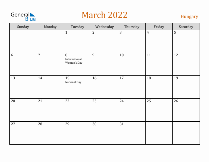 March 2022 Holiday Calendar with Sunday Start