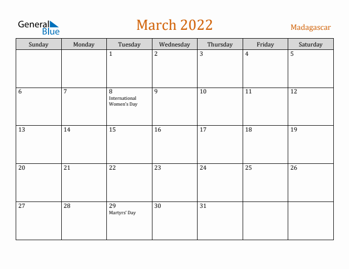 March 2022 Holiday Calendar with Sunday Start