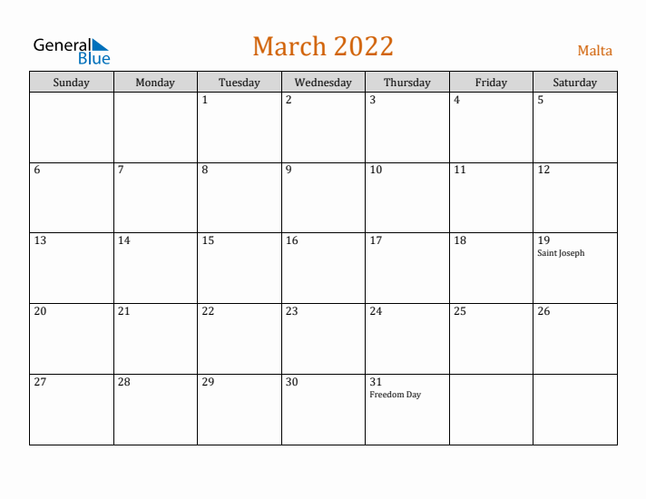 March 2022 Holiday Calendar with Sunday Start