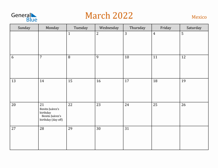 March 2022 Holiday Calendar with Sunday Start