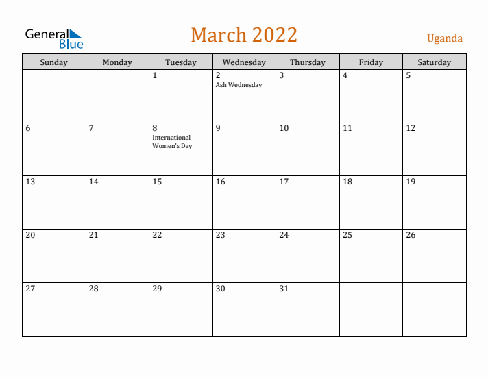 March 2022 Holiday Calendar with Sunday Start