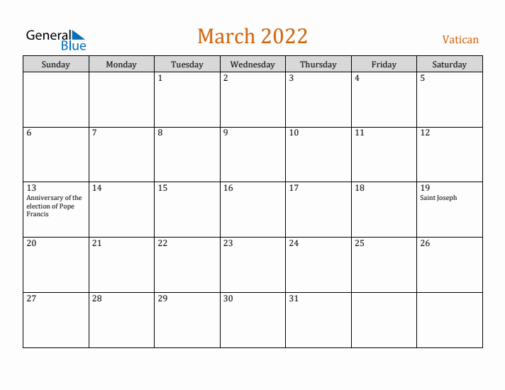 March 2022 Holiday Calendar with Sunday Start