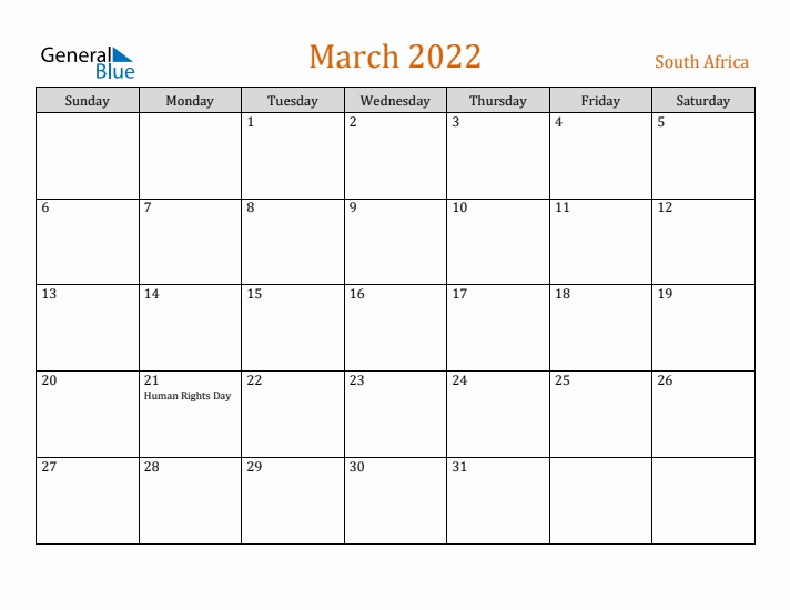 March 2022 Holiday Calendar with Sunday Start