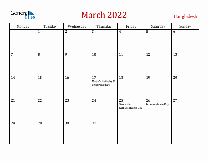 Bangladesh March 2022 Calendar - Monday Start