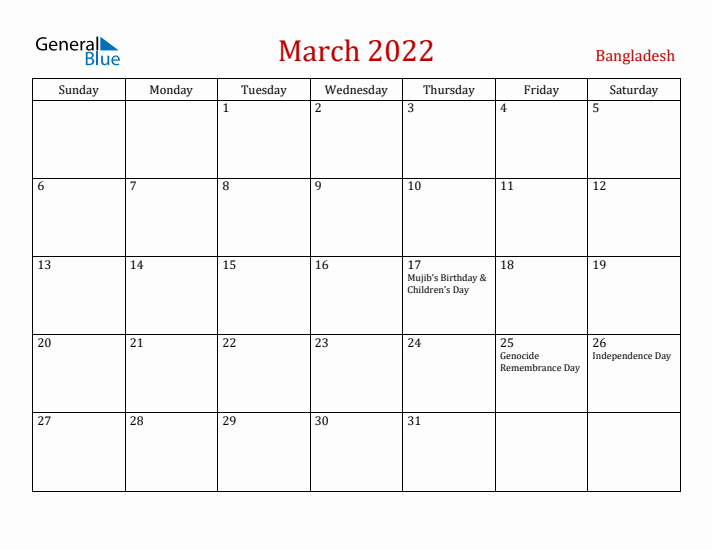 Bangladesh March 2022 Calendar - Sunday Start