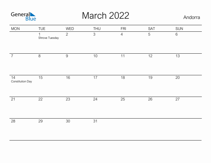 Printable March 2022 Calendar for Andorra