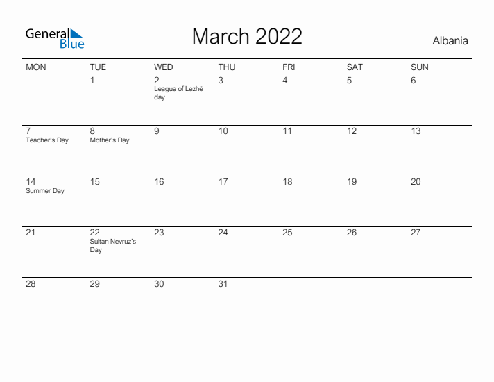 Printable March 2022 Calendar for Albania