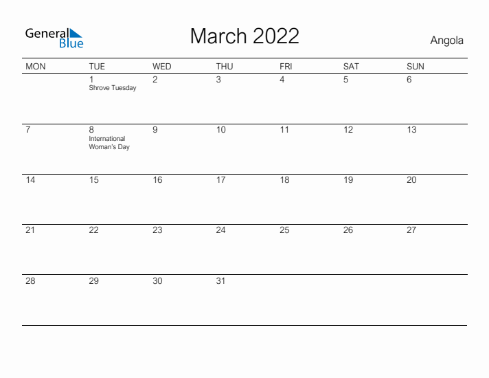 Printable March 2022 Calendar for Angola