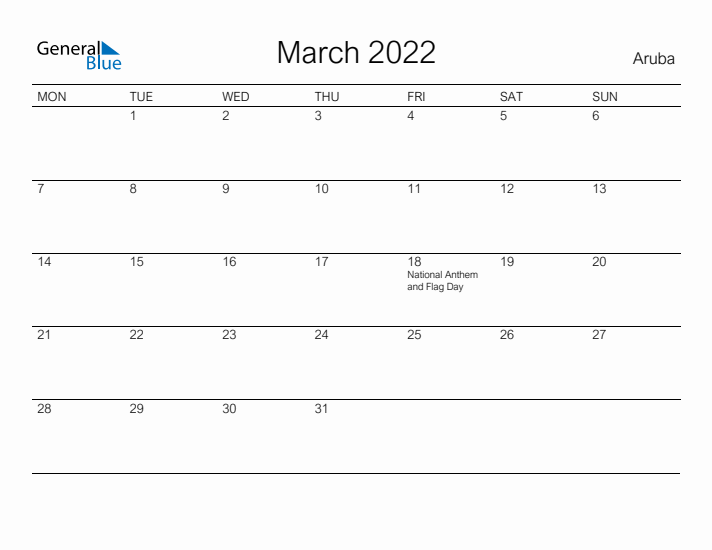 Printable March 2022 Calendar for Aruba