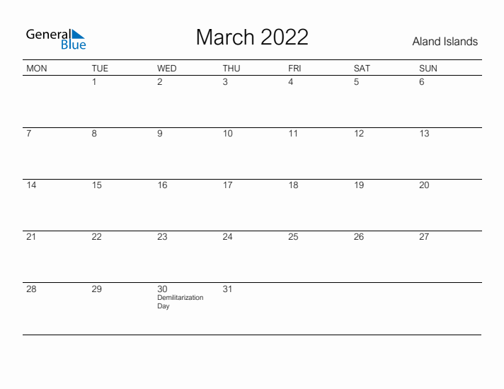 Printable March 2022 Calendar for Aland Islands