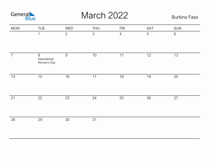 Printable March 2022 Calendar for Burkina Faso