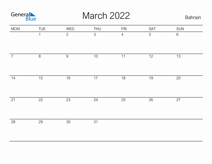 Printable March 2022 Calendar for Bahrain