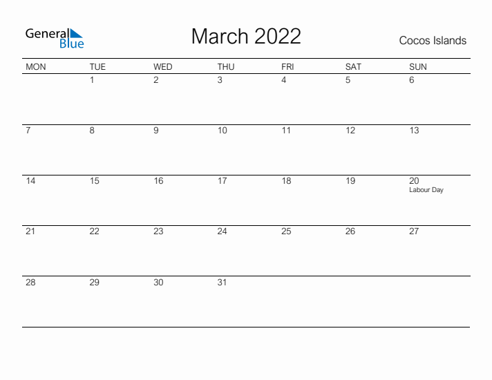 Printable March 2022 Calendar for Cocos Islands