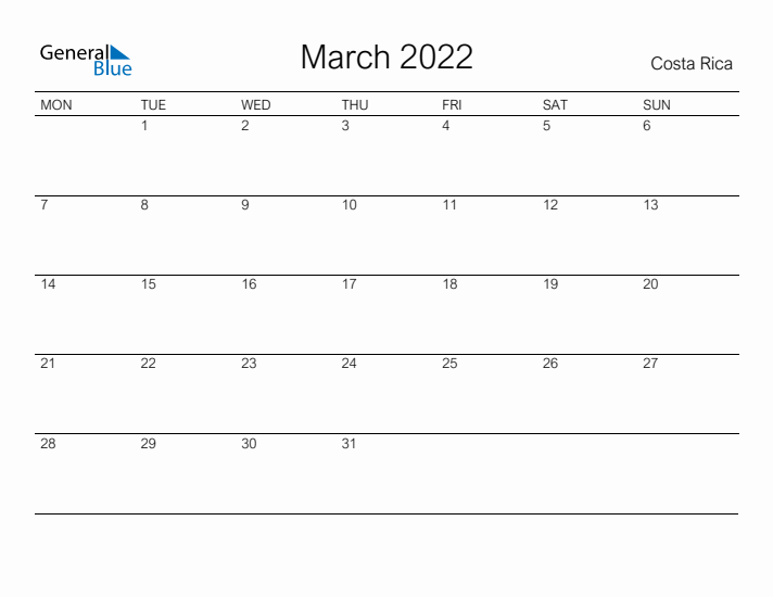 Printable March 2022 Calendar for Costa Rica