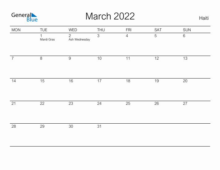 Printable March 2022 Calendar for Haiti