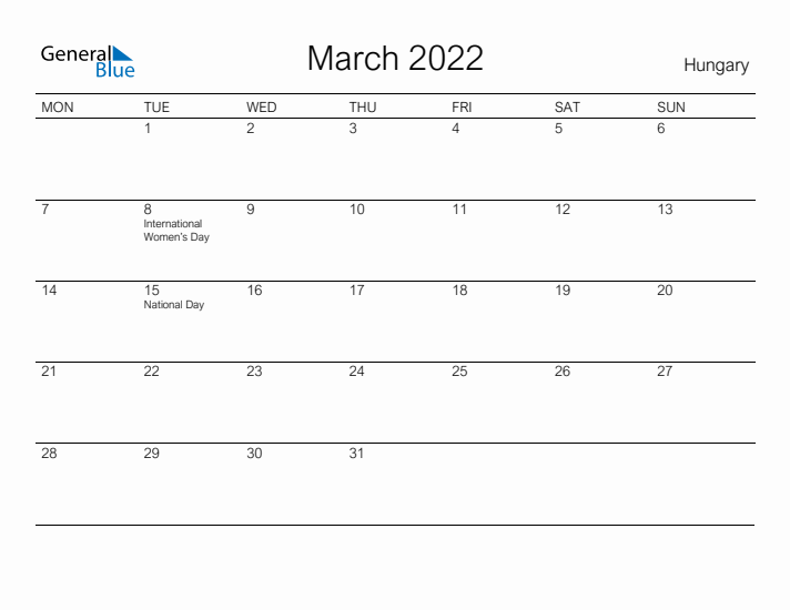 Printable March 2022 Calendar for Hungary