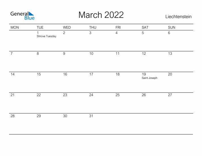 Printable March 2022 Calendar for Liechtenstein