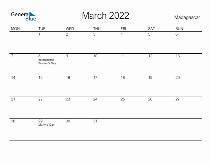 Printable March 2022 Calendar for Madagascar