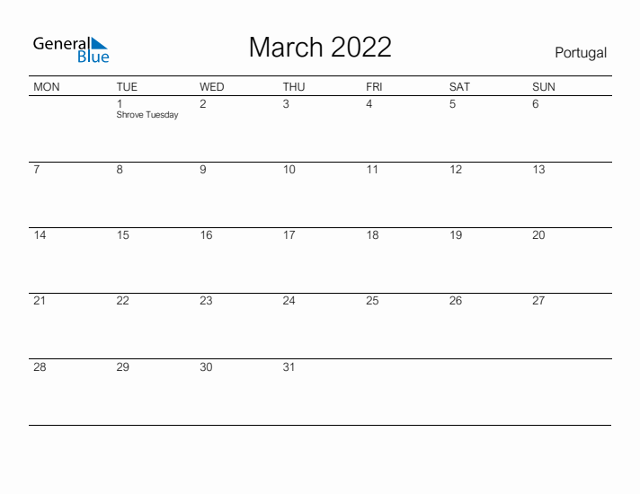 Printable March 2022 Calendar for Portugal