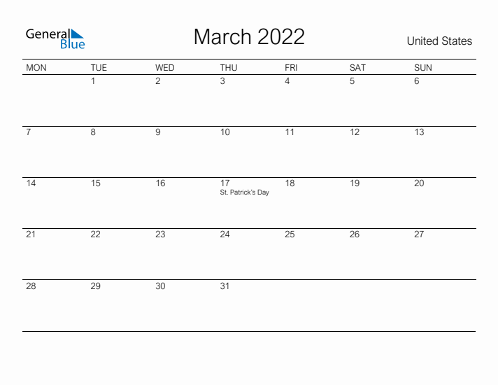 Printable March 2022 Calendar for United States