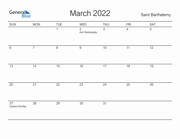 Printable March 2022 Calendar for Saint Barthelemy