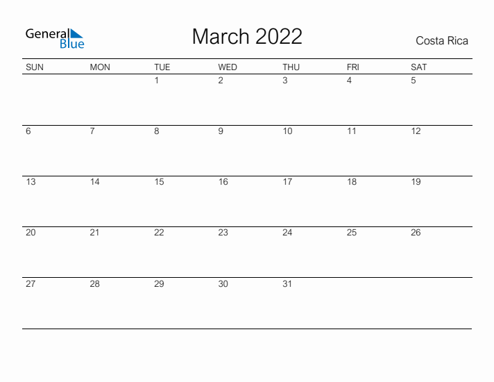 Printable March 2022 Calendar for Costa Rica