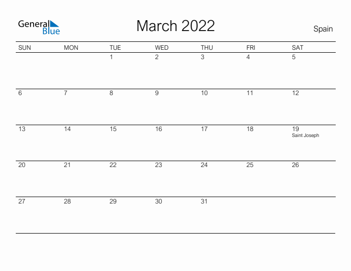 Printable March 2022 Calendar for Spain